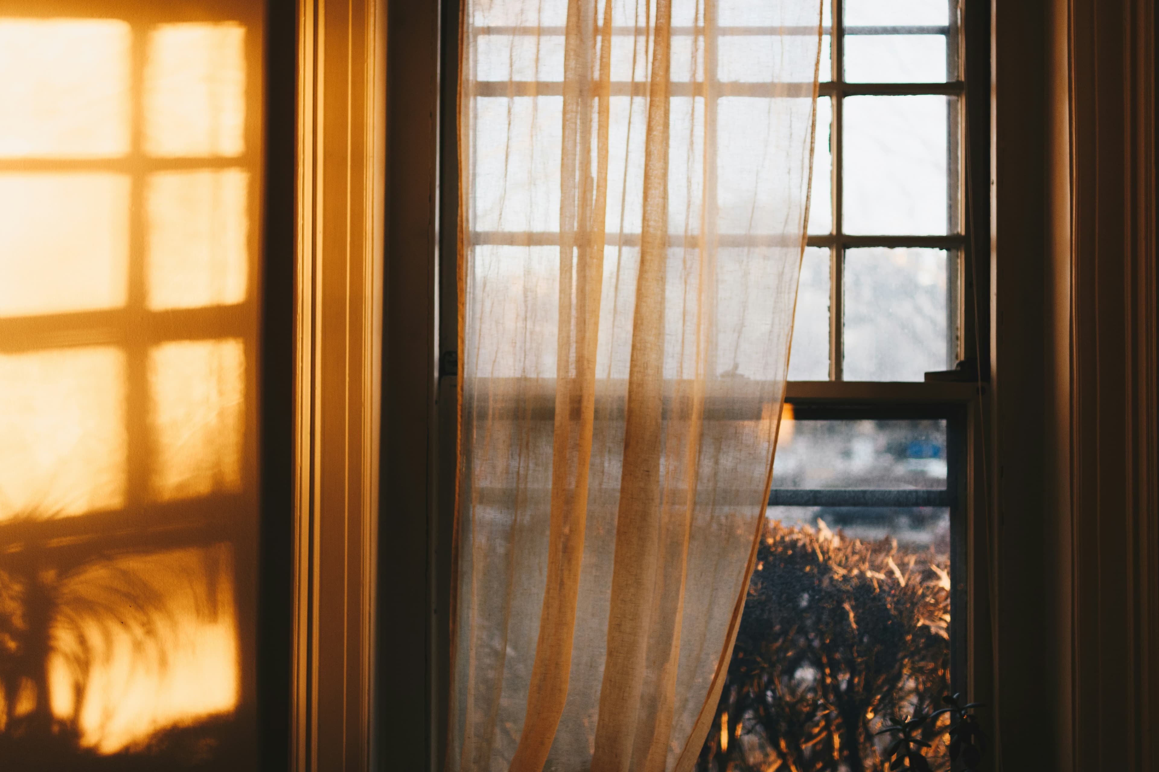 Late afternoon sun shining through a sheer curtain at a window